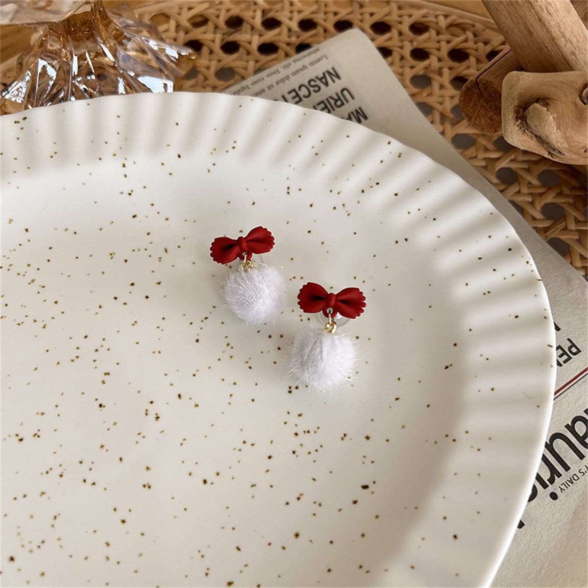 Red Enamel & White Pom-Pom Bow Drop Earrings
