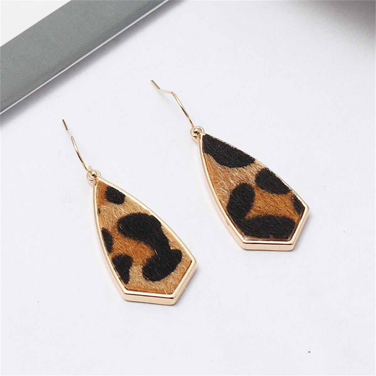 Khaki Polyurethane & Goldtone Leopard Drop Earrings