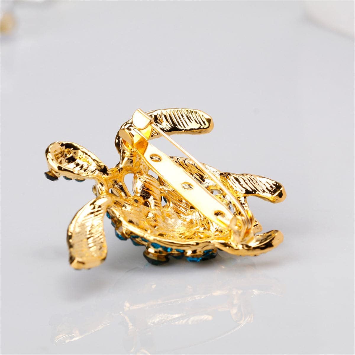 Teal Cubic Zirconia & Goldtone Turtle Brooch
