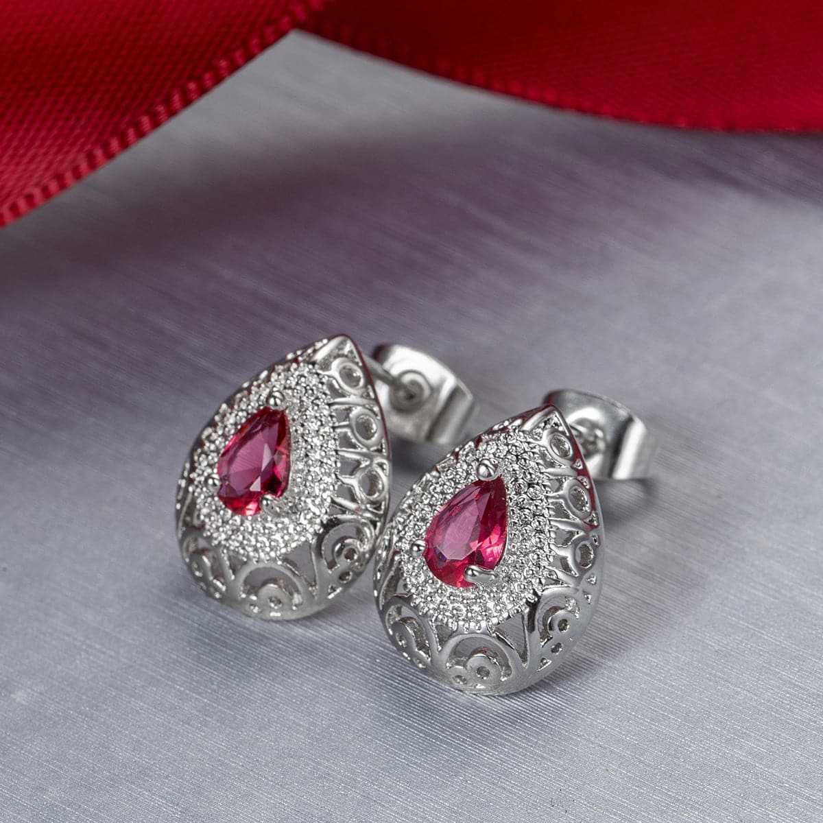 Rose Crystal & Silvertone Filigree Pear-Cut Stud Earrings