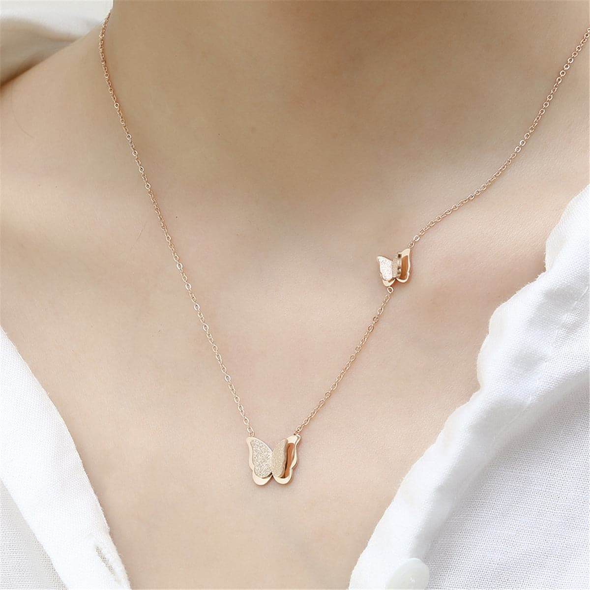 Rose Goldtone Double Frosted Butterfly Pendant Necklace