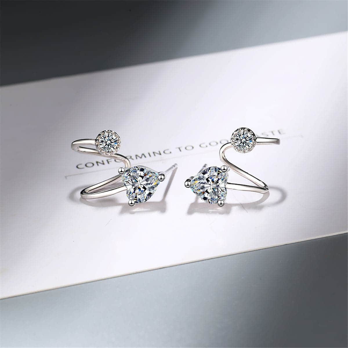 Cubic Zirconia & Silvertone Heart Ear Cuffs