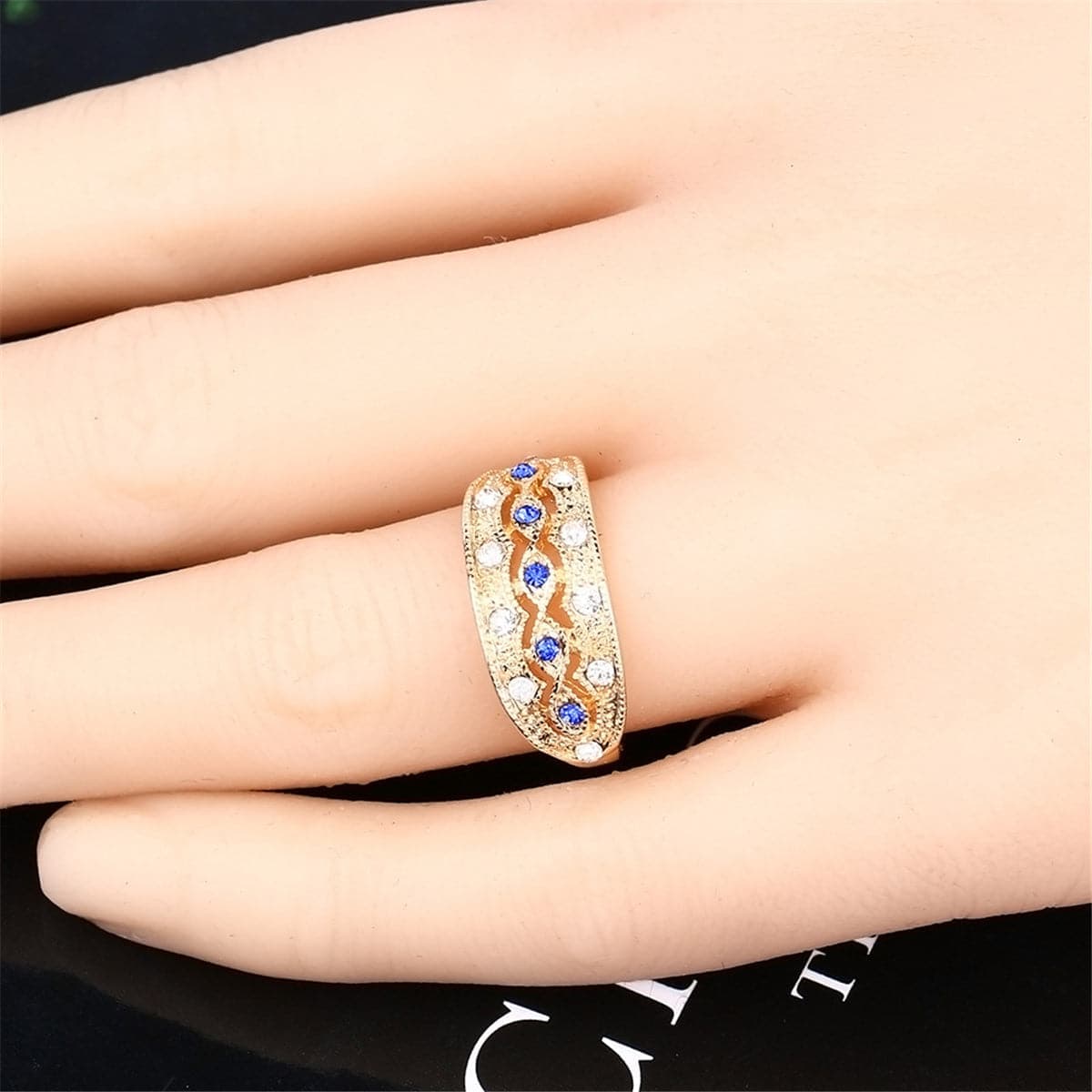 Blue & Goldtone Embossed Ring