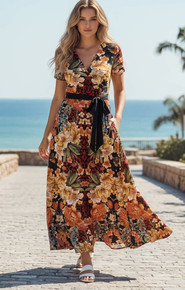 Lily by Firmiana Women’s Short Sleeve Maxi Dress Women’s Apparel Brown Multi Floral Print Brown Multi / XL
