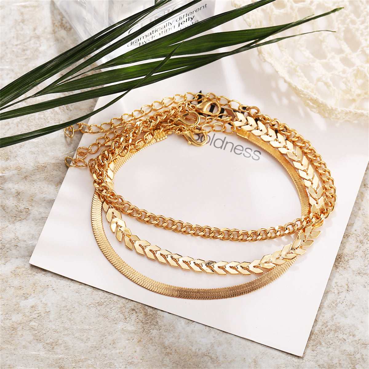 Goldtone Chain Trio Anklet Set