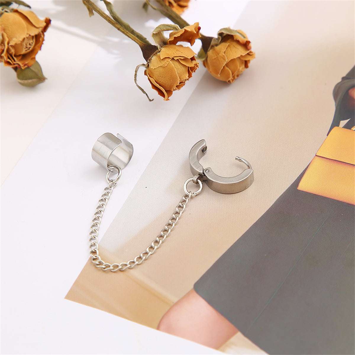 Silvertone Huggie Earring & Chain Ear Cuff