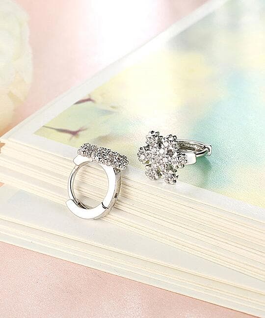 Cubic Zirconia & Silvertone Snowflake Huggie Earrings