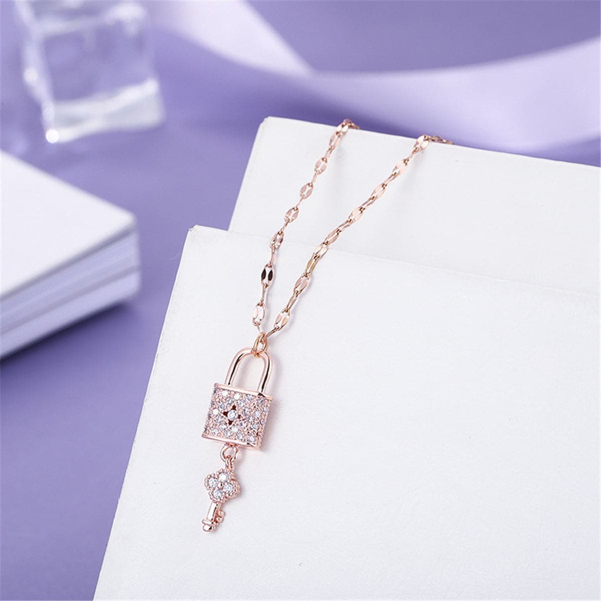 Cubic Zirconia & Rose Goldtone Lock & Key Pendant Necklace