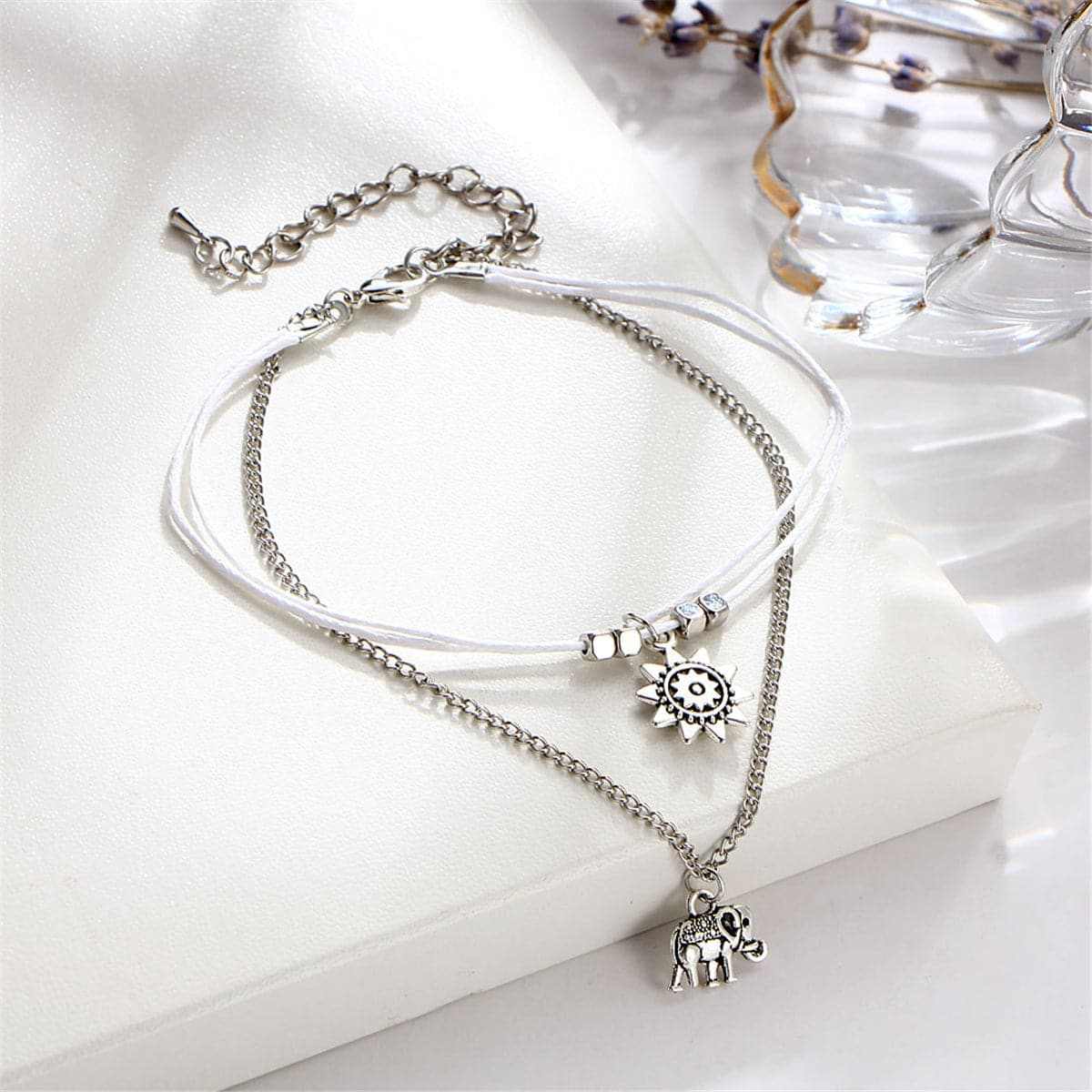 Silvertone Sun & Elephant Cham Layered Anklet
