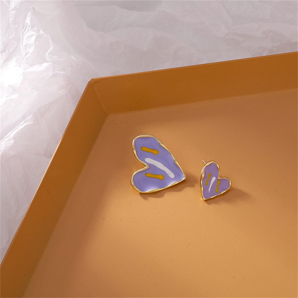 Purple Enamel & Goldtone Mismatching Heart Stud Earring