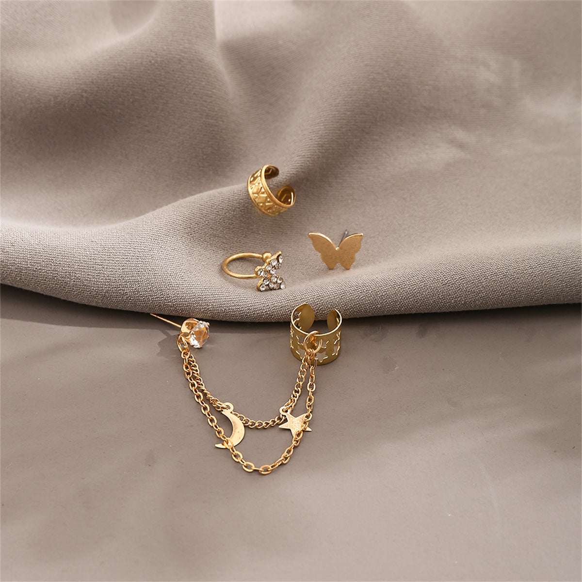 Cubic Zirconia & Goldtone Celestial Butterfly Ear Cuff Set