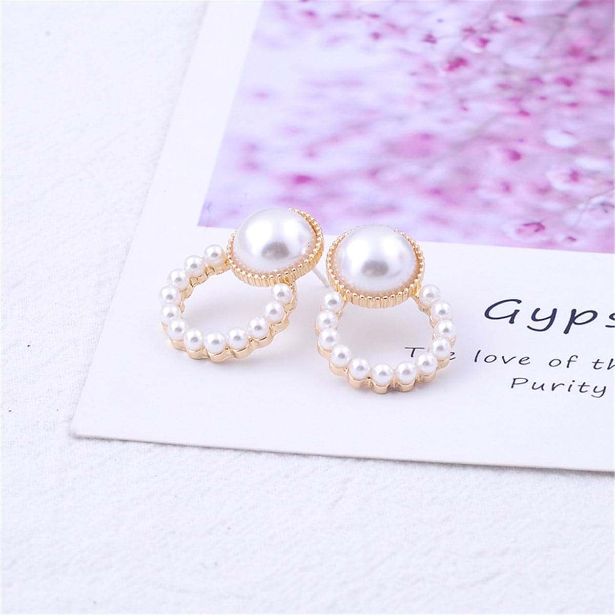 Pearl & Goldtone Open Ring Stud Earrings