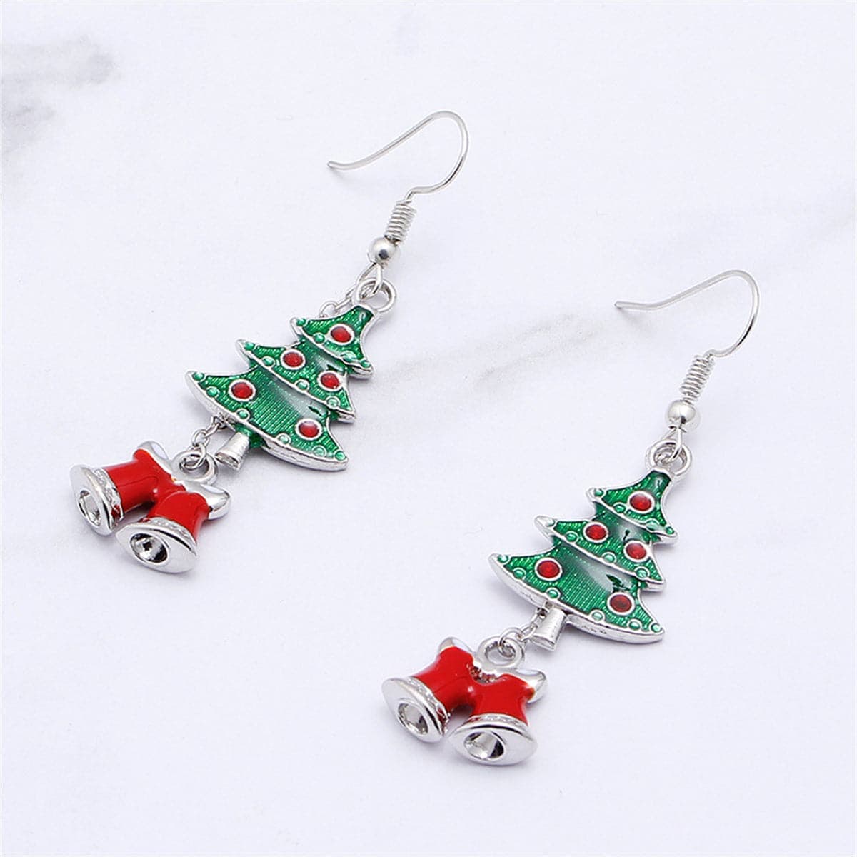 Green & Silvertone Christmas Tree Bell Drop Earrings