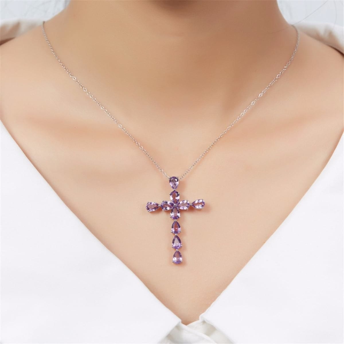 Purple Crystal & Silvertone Pear Cut Cross Pendant Necklace