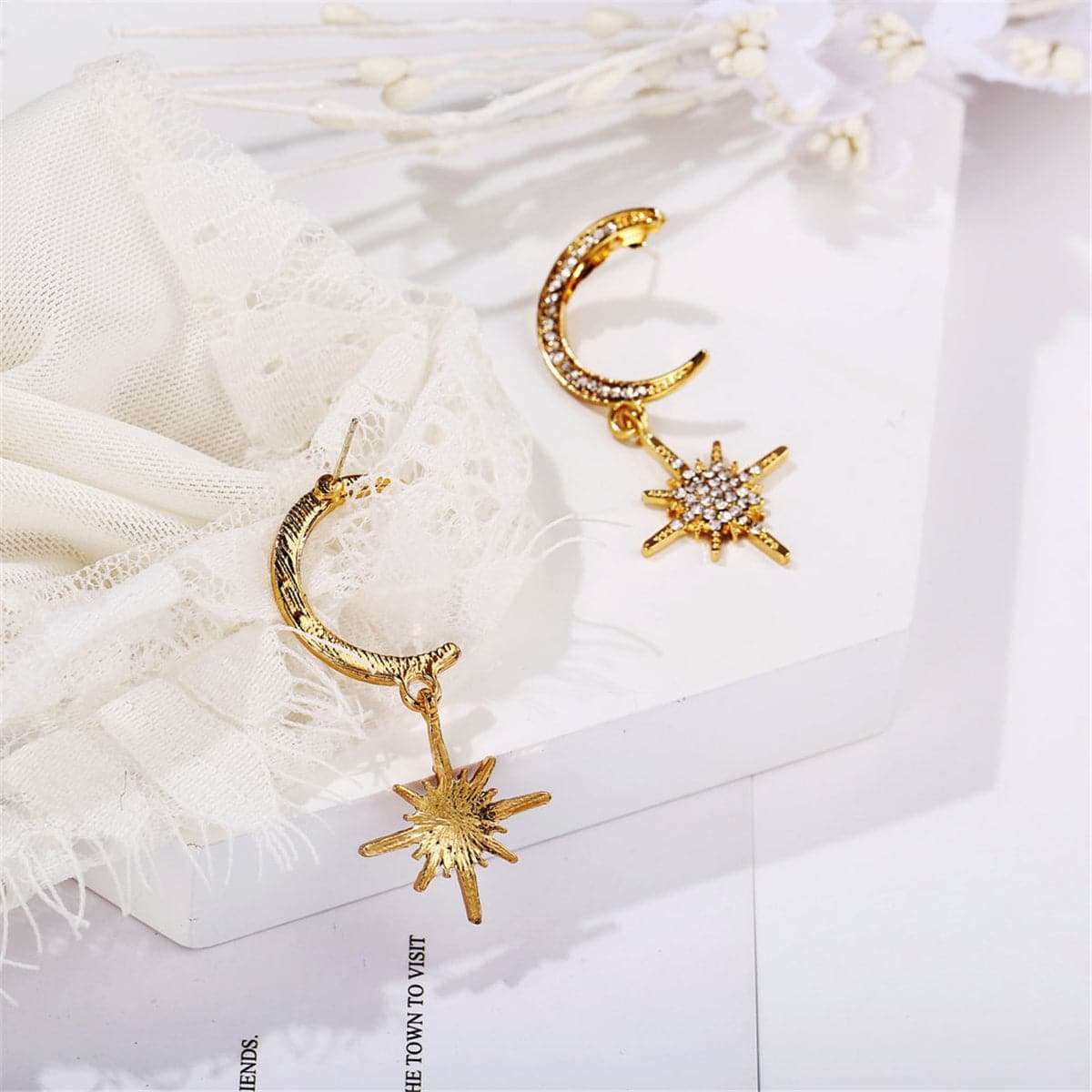 Cubic Zirconia & Goldtone Crescent Moon Drop Earrings