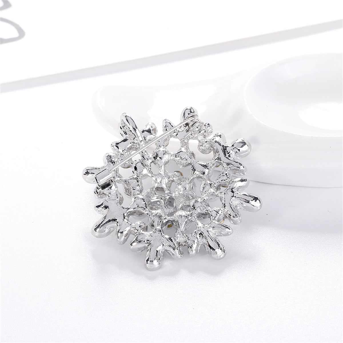 Clear Cubic Zirconia & Pearl Silvertone Flower Brooch