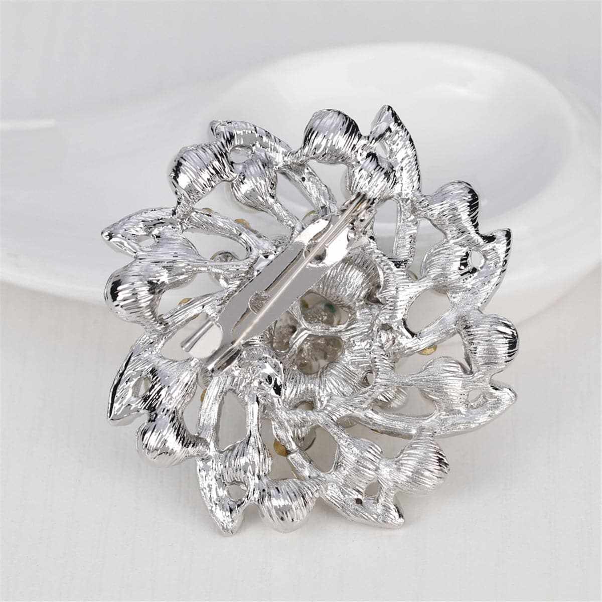 Pearl & Cubic Zirconia Silvertone Floral Brooch