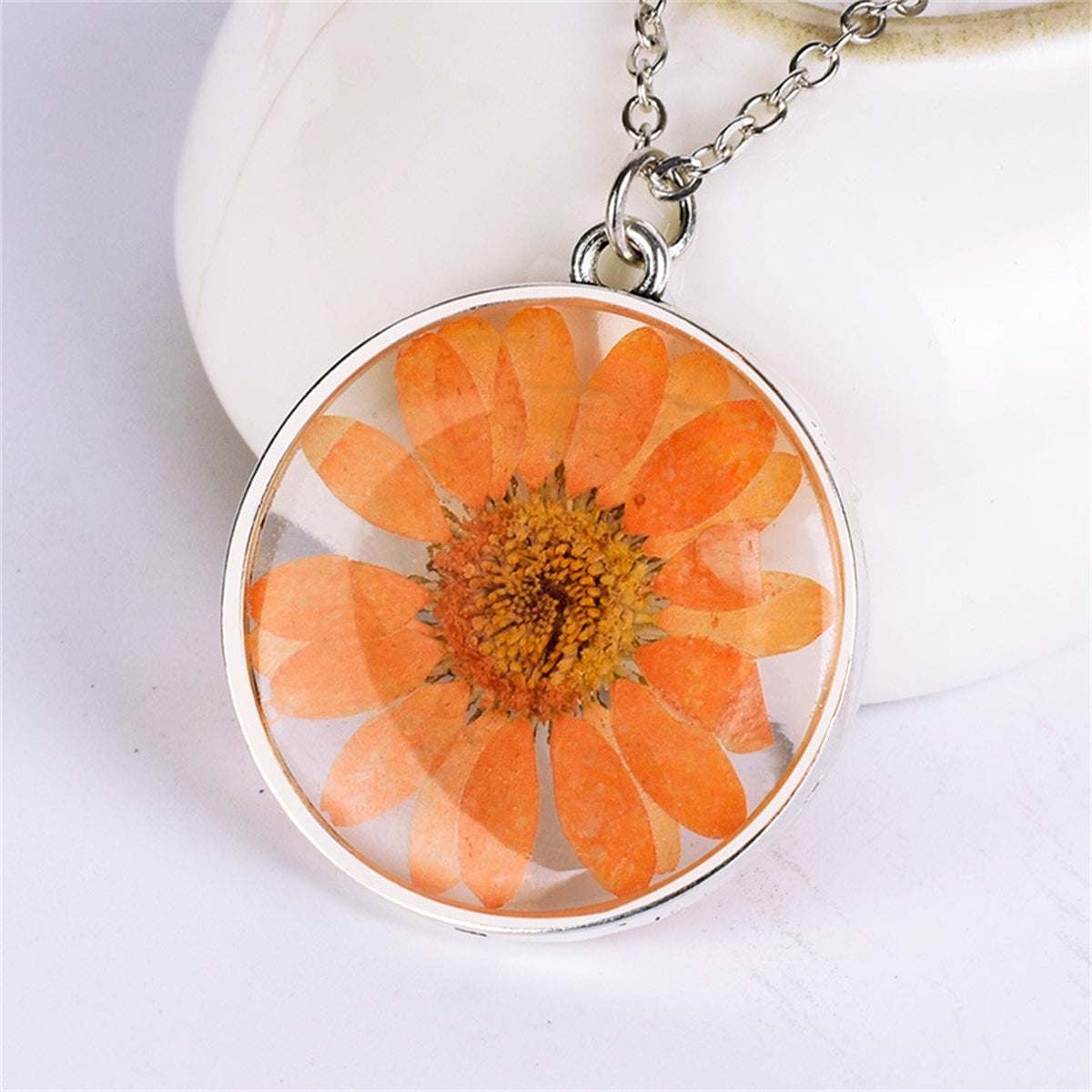 Orange Pressed Mum & Silvertone Round Pendant Necklace