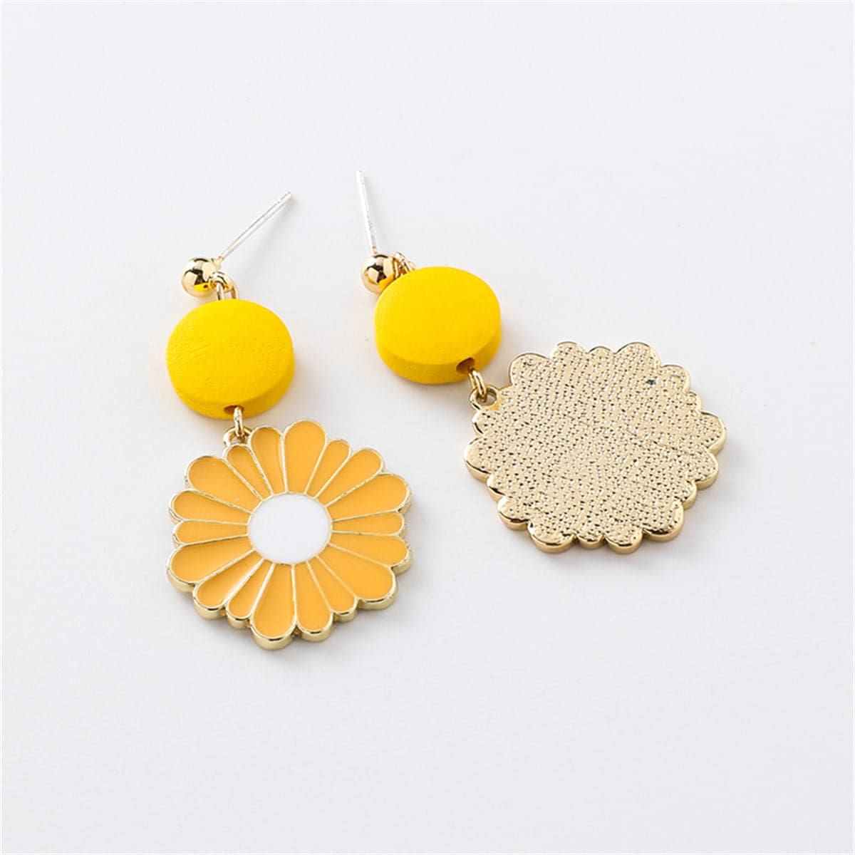Yellow Enamel & Goldtone Mum Drop Earrings