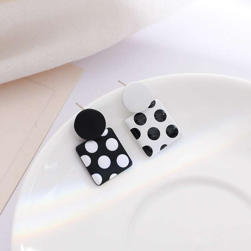 Black Enamel & Silvertone Spot Square Drop Earrings