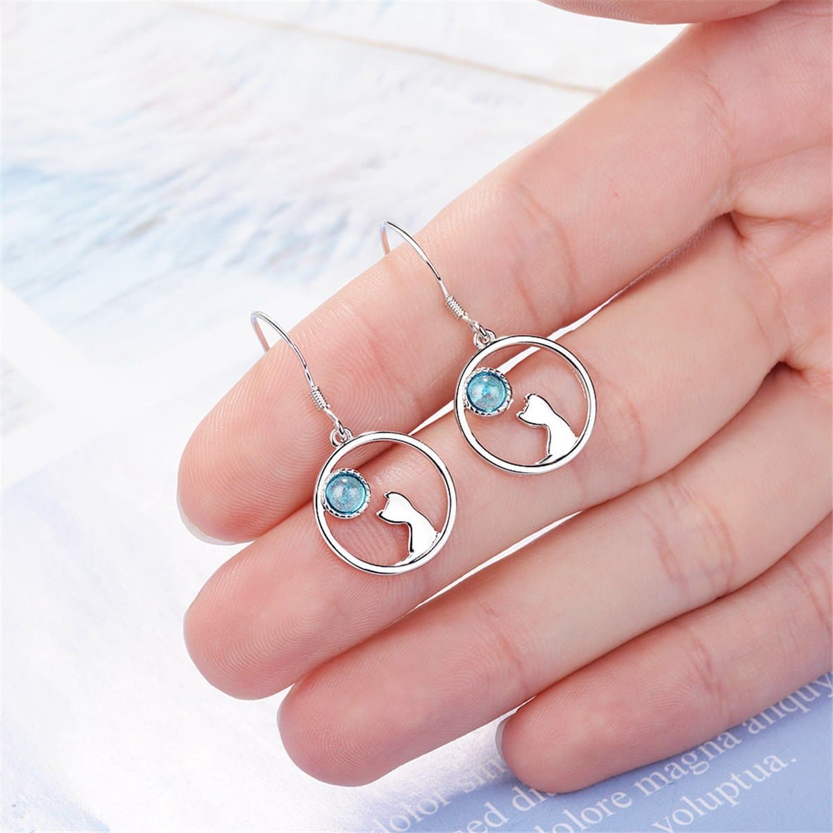 Moonstone & Silvertone Cat Drop Earrings