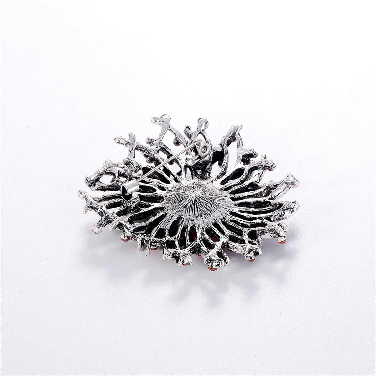 Green Crystal & Silvertone Flower Brooch