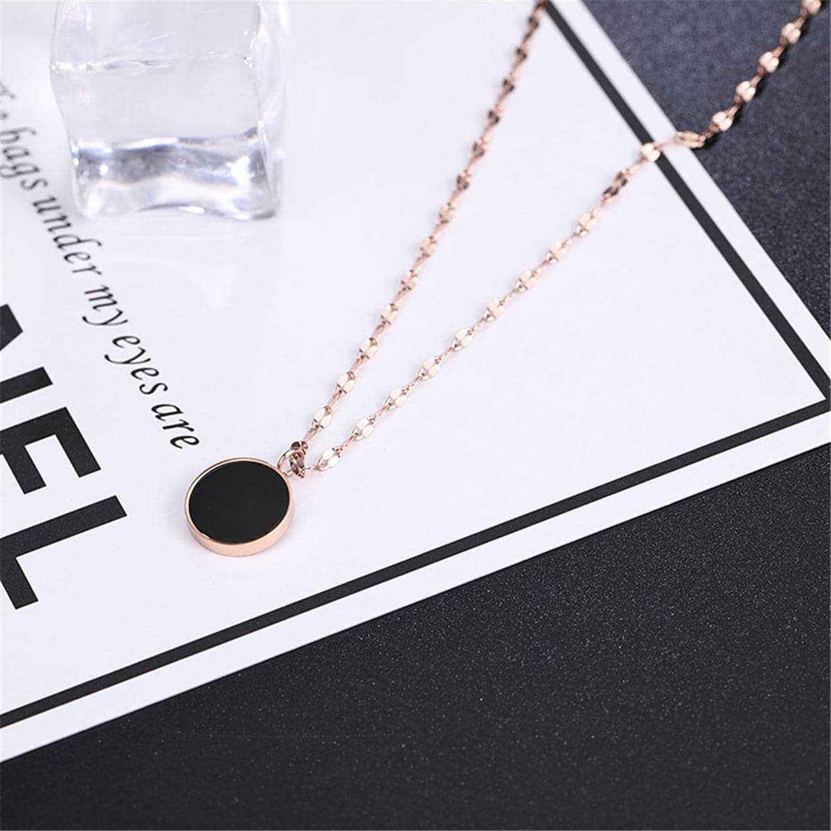 Black Shell & Rose Goldtone Round Pendant Necklace