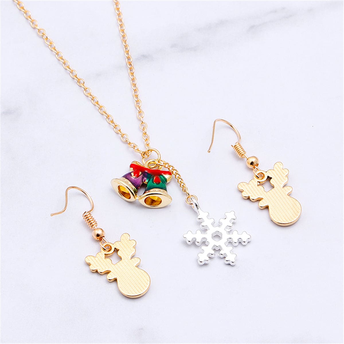 White & Goldtone Reindeer Earrings & Snowflake Pendant Necklace