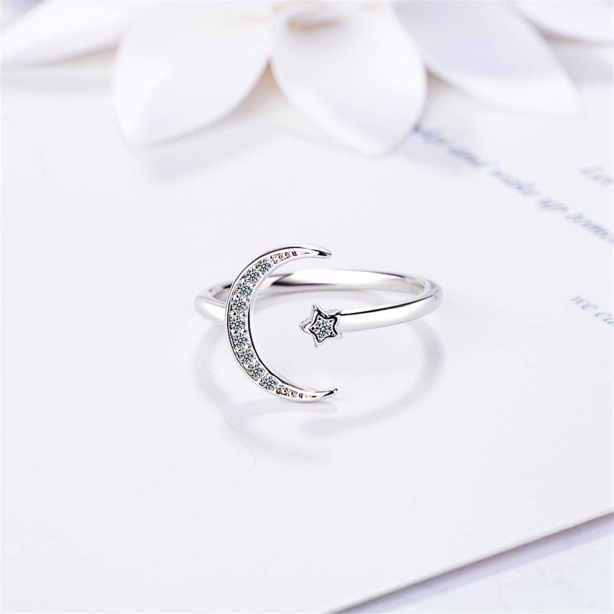 Cubic Zirconia & Silvertone Star & Moon Bypass Ring