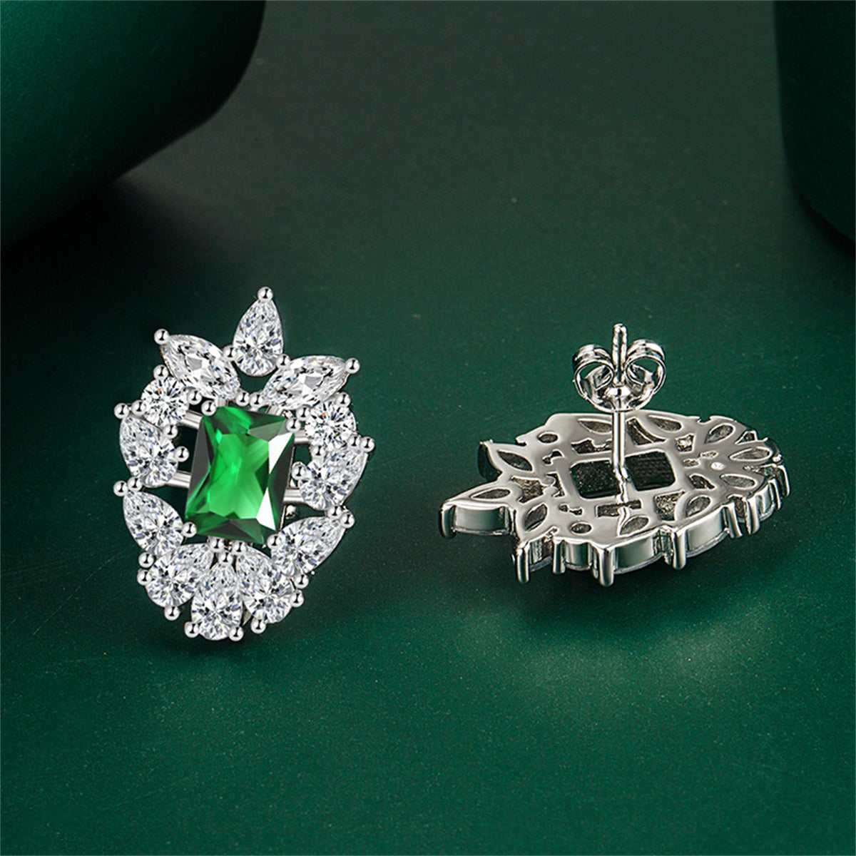 Green Crystal & Cubic Zirconia Cluster Stud Earrings