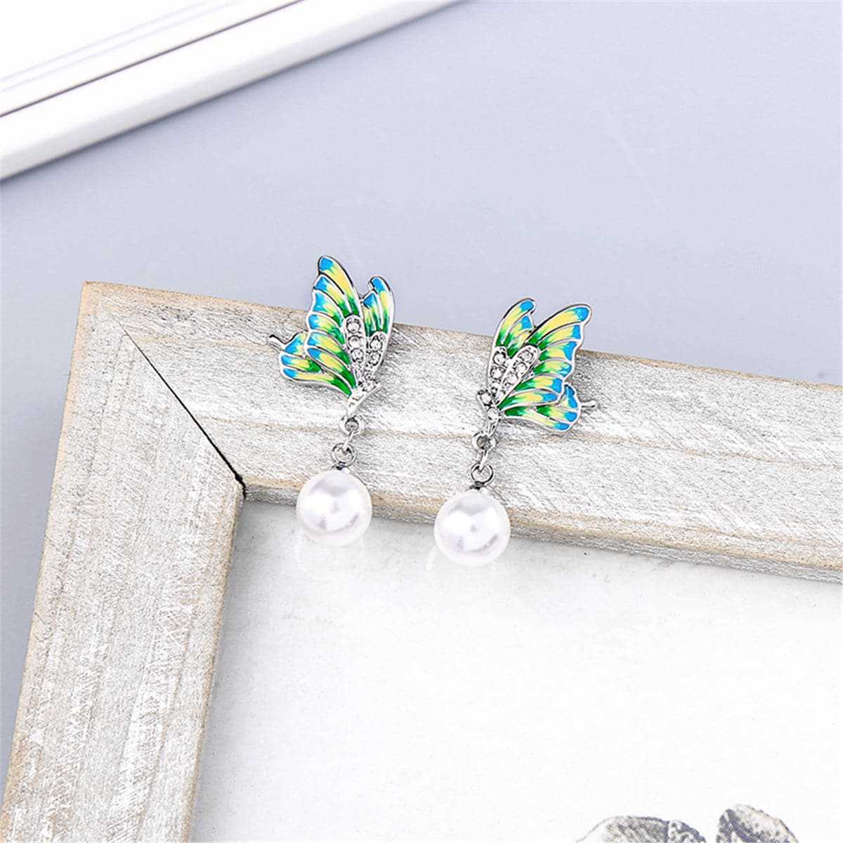 Green Enamel & Pearl Silvertone Butterfly Drop Earrings