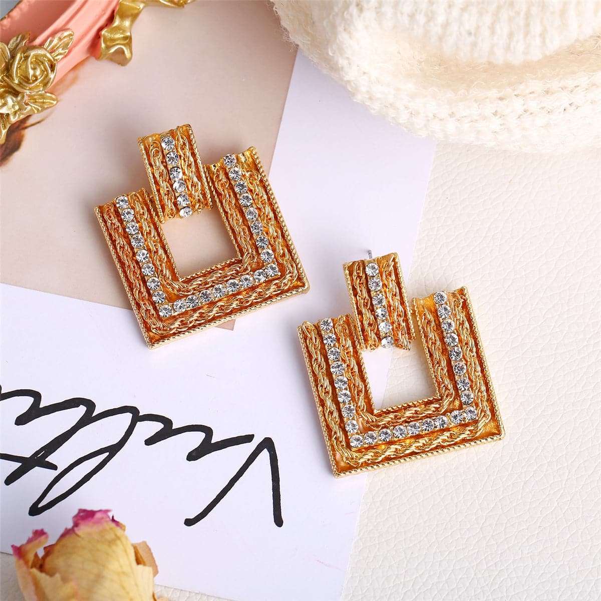 Cubic Zirconia & Goldtone Square Catch Drop Earring
