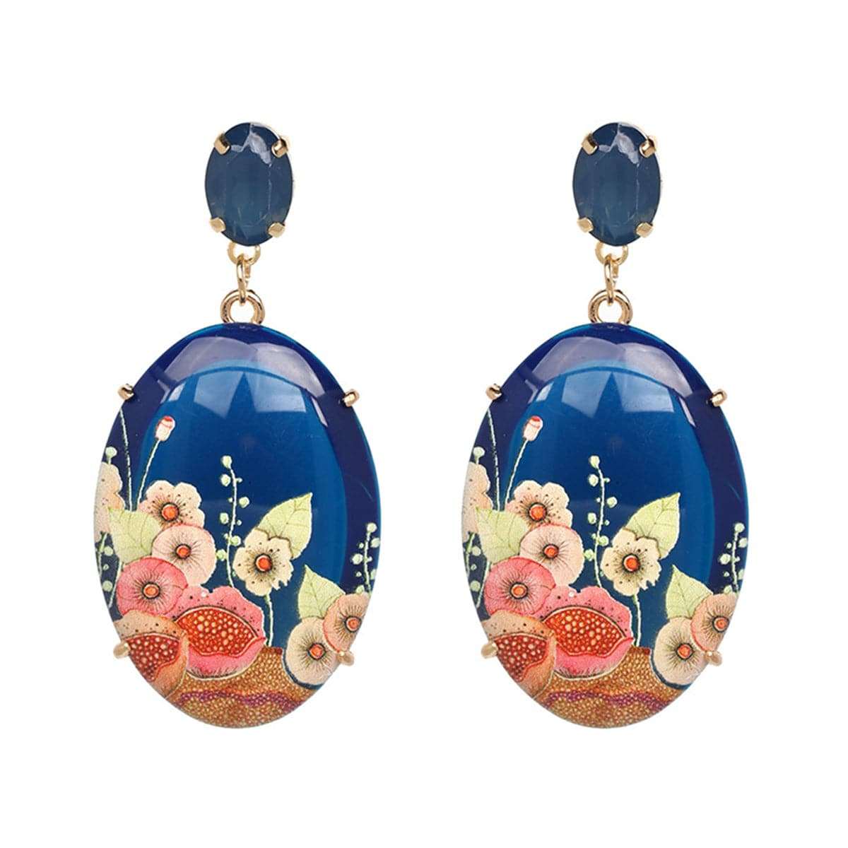 Blue Crystal & Resin Goldtone Floral Oval Drop Earrings
