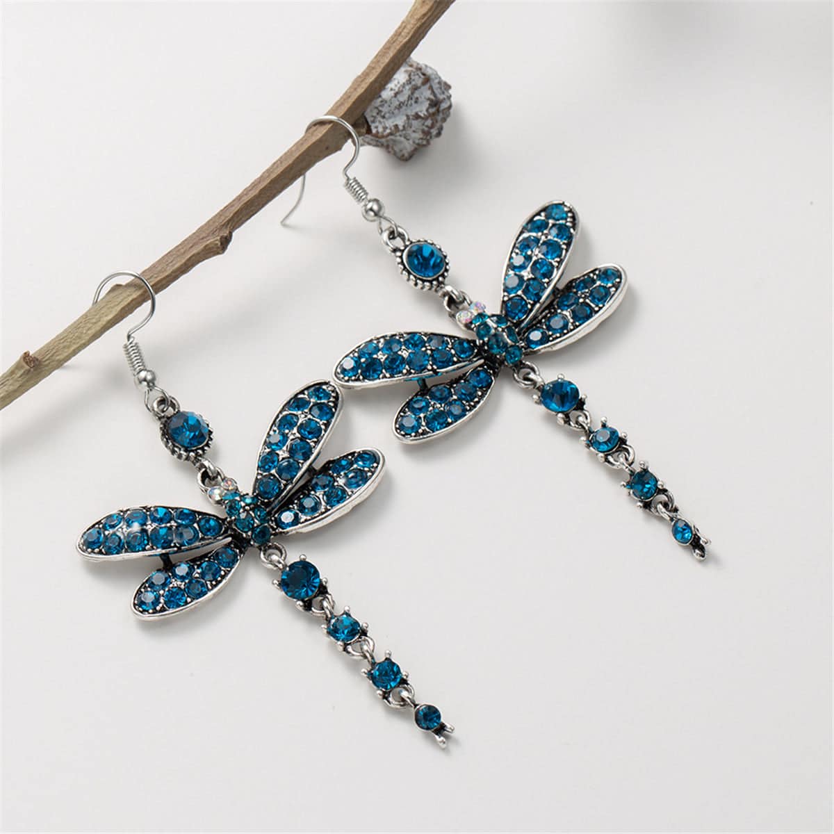 Blue Cubic Zirconia & Silvertone Dragonfly Drop Earrings