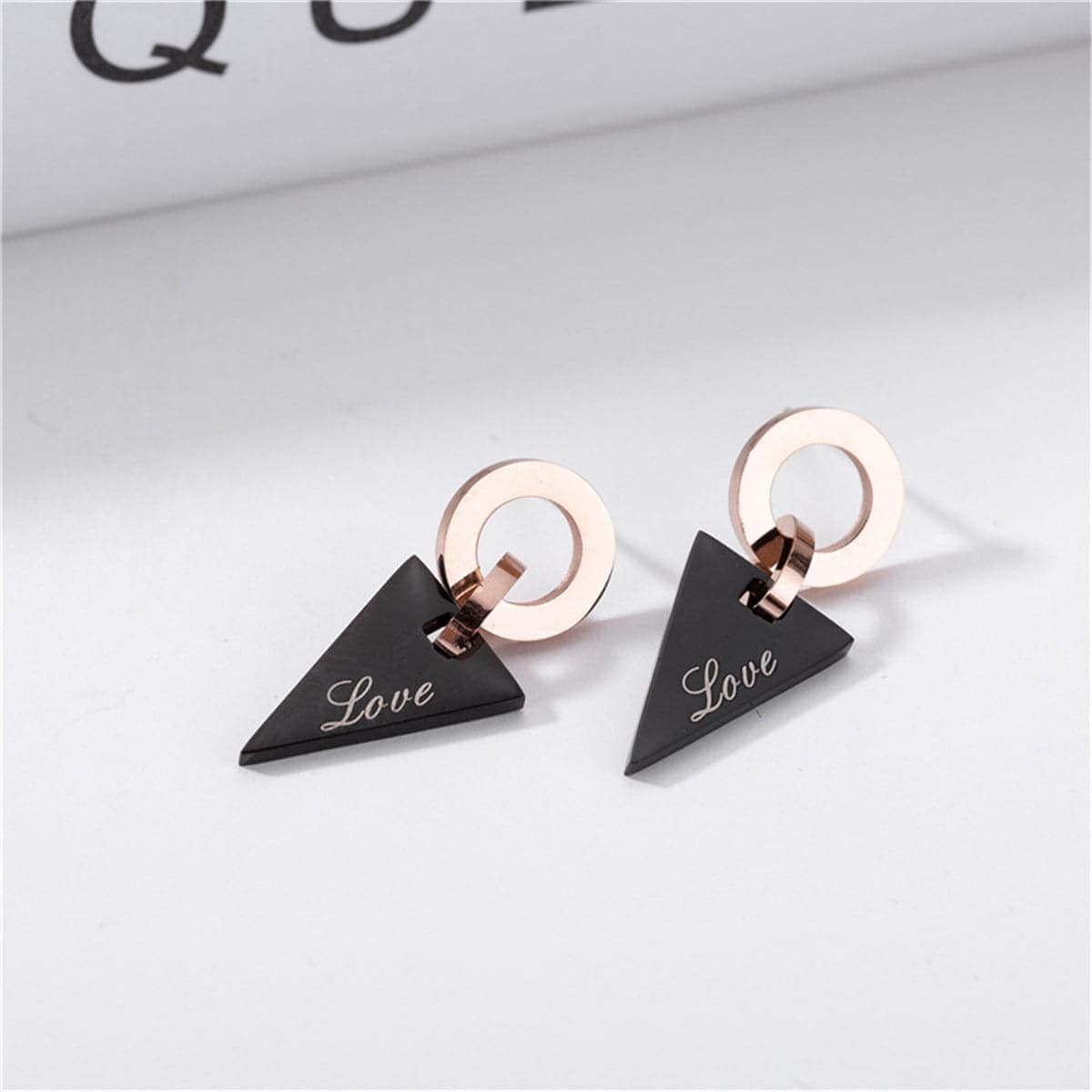 Black & Rose Goldtone 'Love' Triangle Drop Earrings
