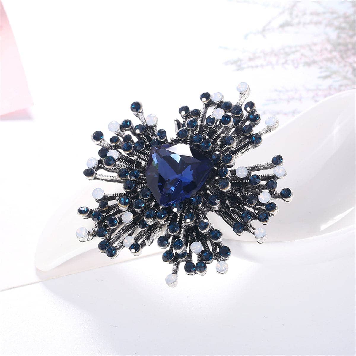 Blue Cubic Zirconia & Silvertone Flower Brooch