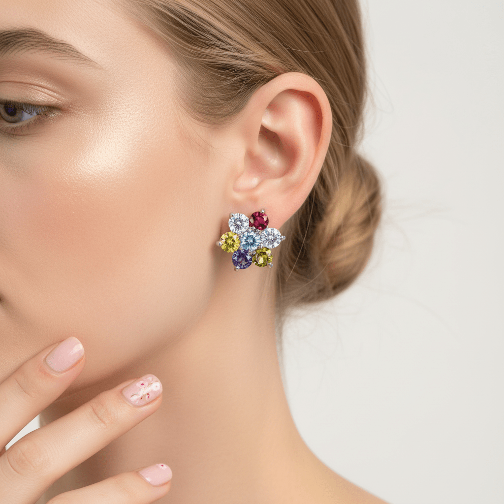 Multi-Colored Crystal & Silvertone Flower Stud Earrings