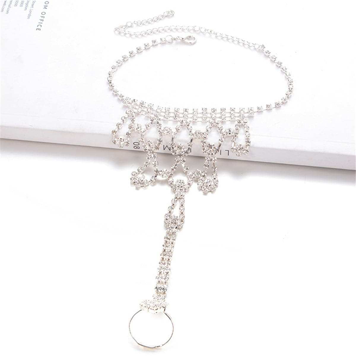 Cubic Zirconia & Silver Plated Ornate Ankle-To-Toe Ring Anklet