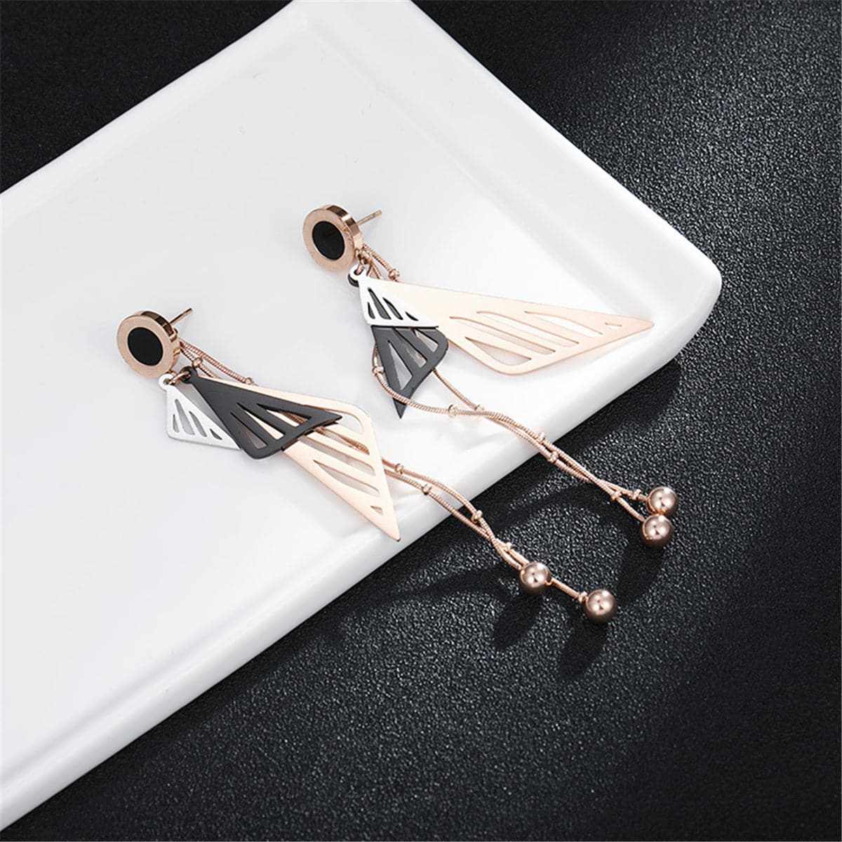 Black & Rose Goldtone Fan Tassel Drop Earrings