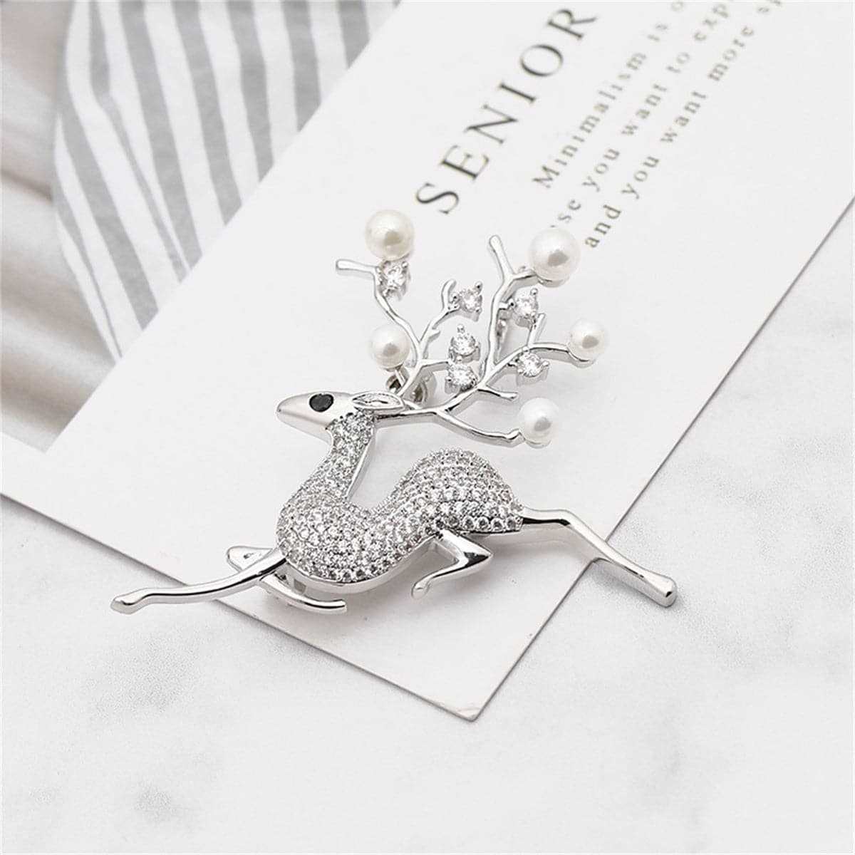 Pearl & Cubic Zirconia Silvertone Reindeer Brooch
