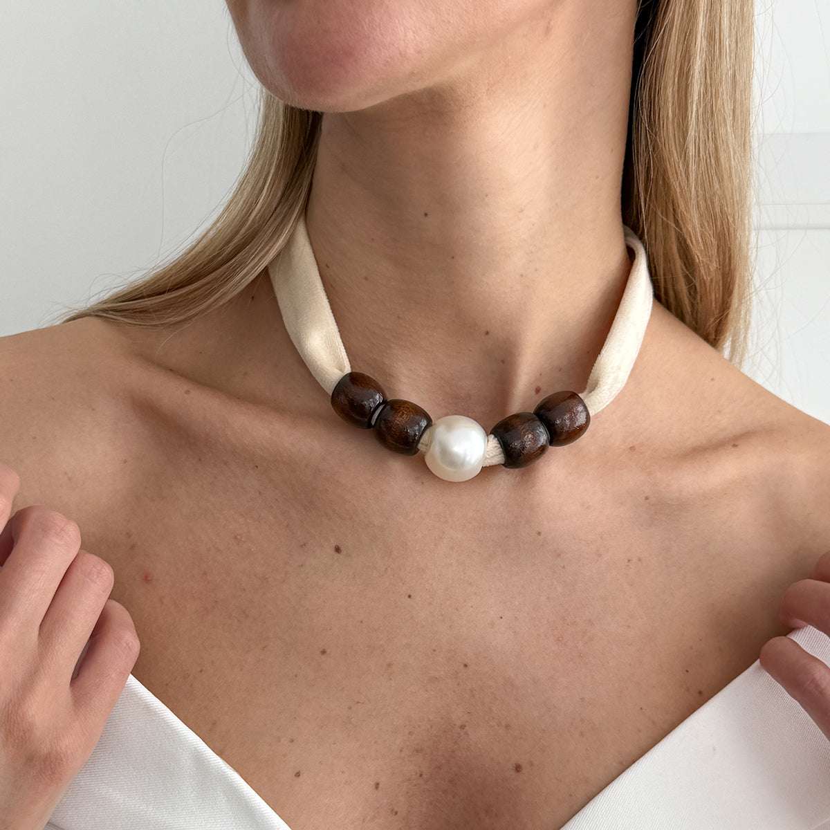Beige Polyster & Wood Pearl Silvertone Ball Collar Necklace