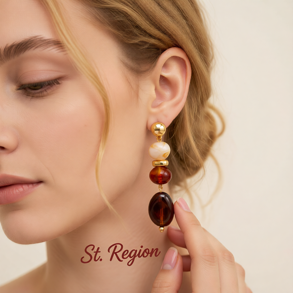 Amber Resin & Goldtone Tiered Irregular Beads Dangle Earrings