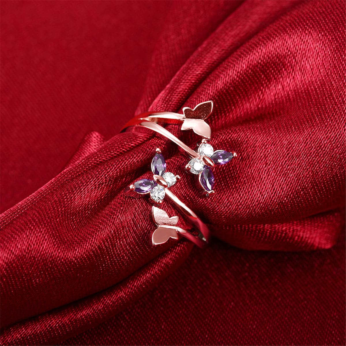 Purple Crystal & Rose Goldtone Butterfly Bypass Ring