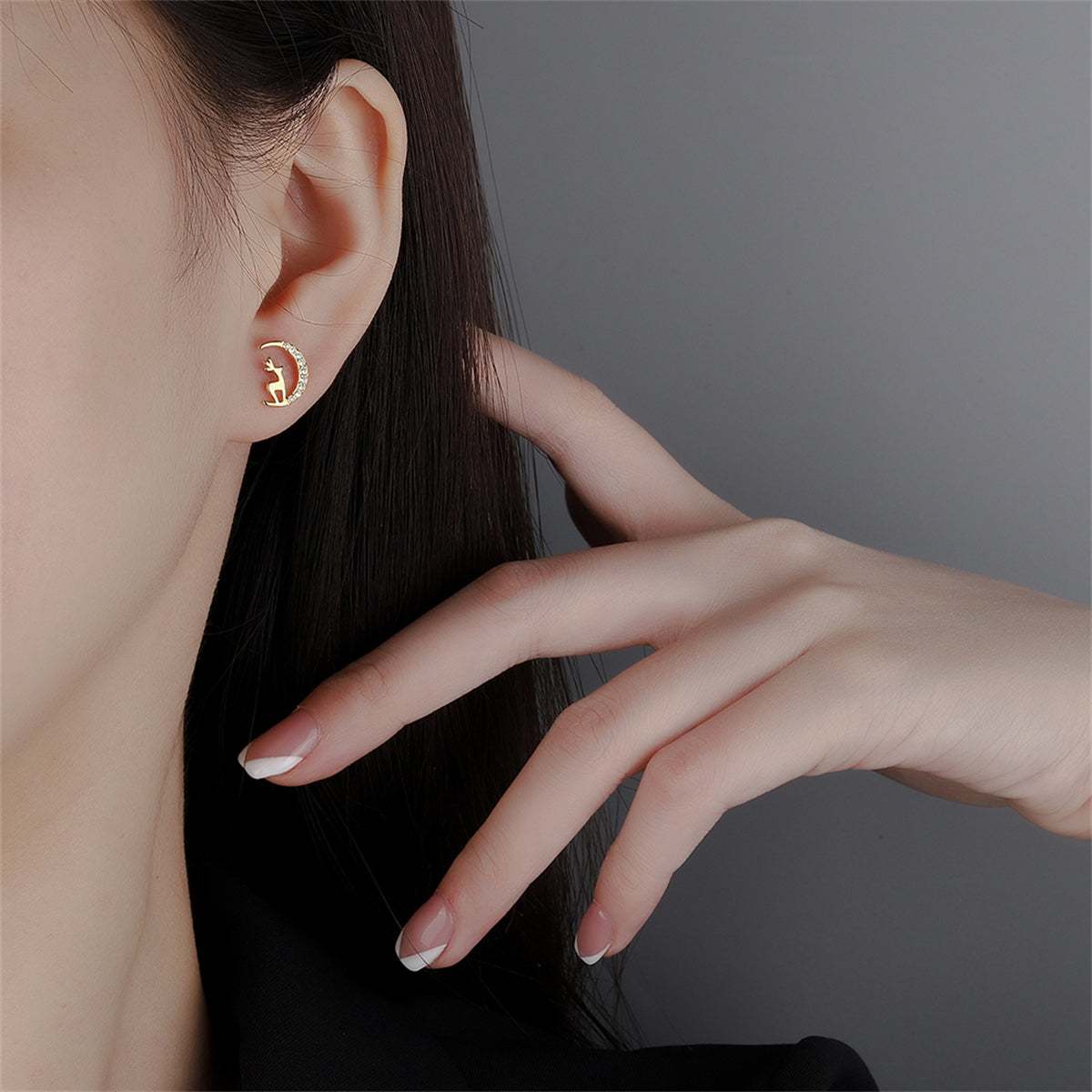 Moonstone & Goldtone Deer & Moon Mismatched Stud Earrings