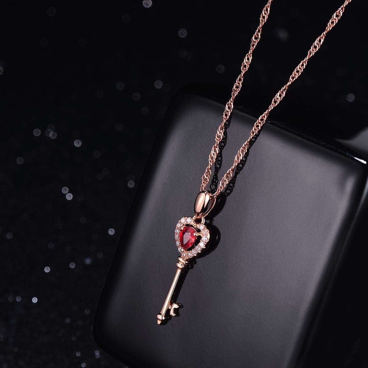 Red Crystal & Cubic Zirconia Rose Goldtone Heart Key Pendant Necklace