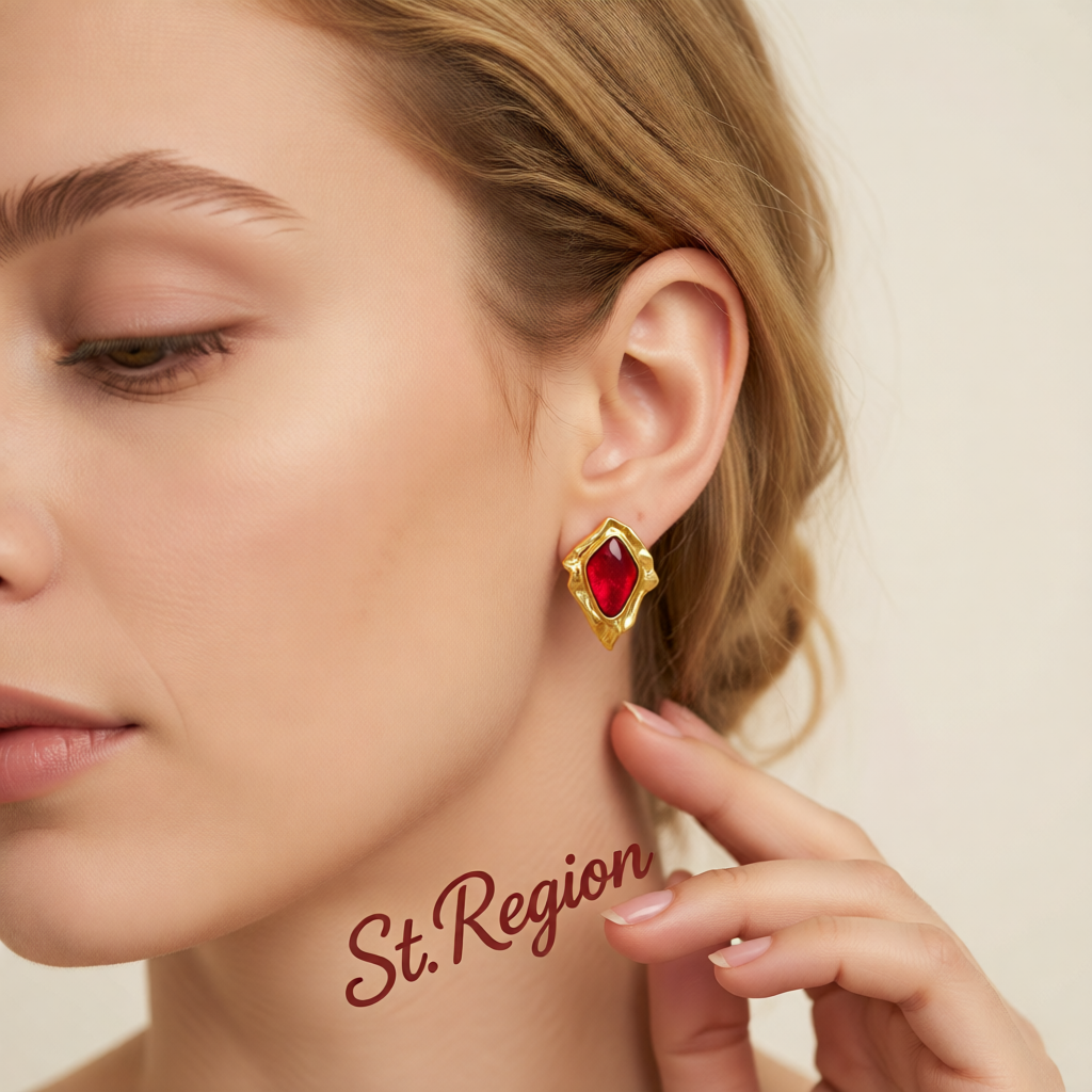 Red Resin & Goldtone Wrinkled Rhombus Stud Earrings