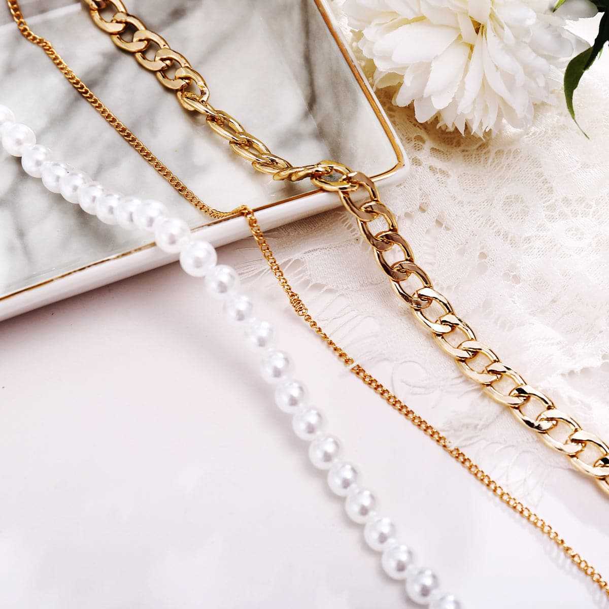 Pearl & Goldtone Figaro Chain Layered Necklace