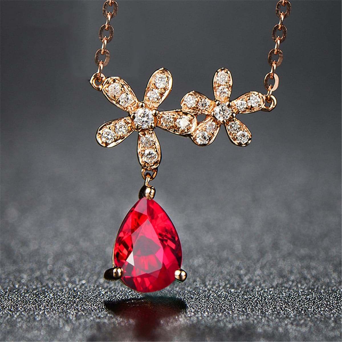 Red Crystal & Cubic Zirconia Rose Goldtone Floral Pendant Necklace