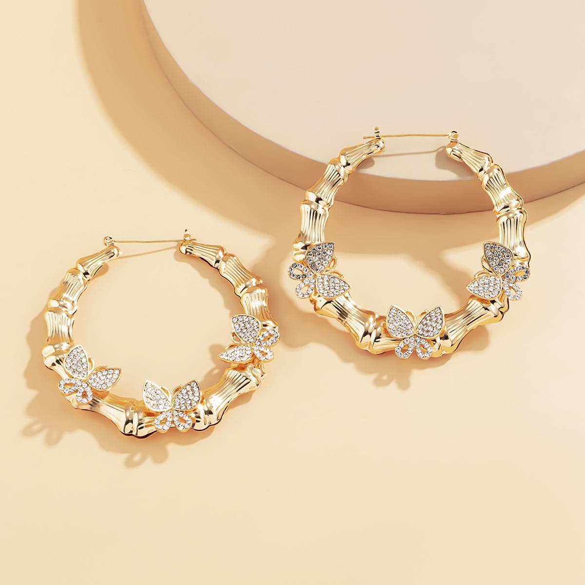 Cubic Zirconia & Goldtone Butterfly Bamboo Hoop Earrings