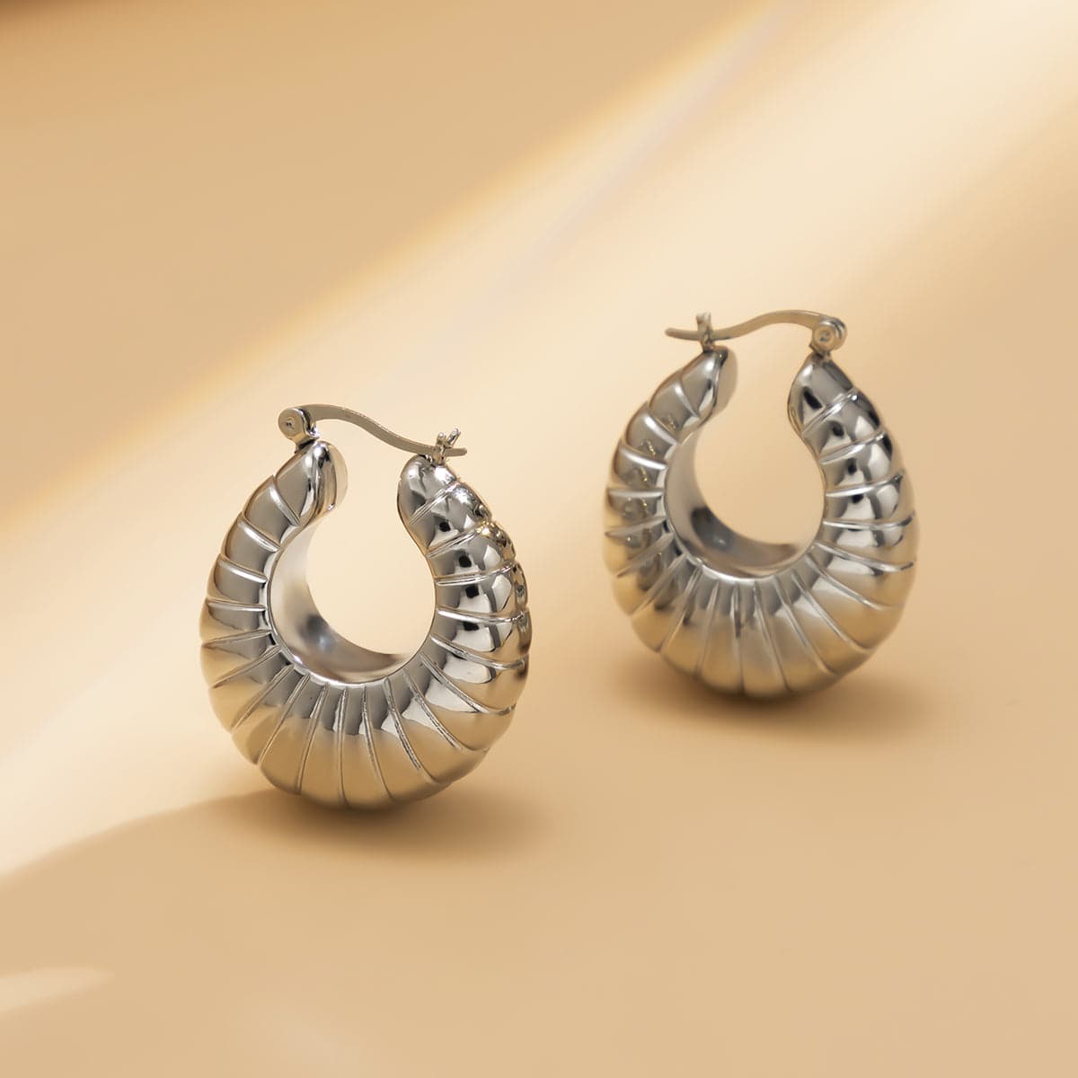 Silvertone Ribbed U-Shape Drop Earrings
